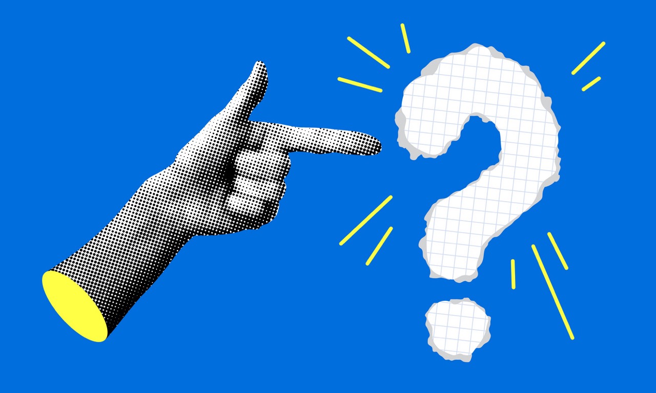 ملصقة حديثة تشير بيد وعلامة استفهام. قصاصة ورق. ورقة ممزقة. جزء من الجسم بنصف لون. علامة استفهام مقطوعة من دفتر ملاحظات. علامة الأسئلة الشائعة. علامة إجابة السؤال. مفهوم المشكلة والحل